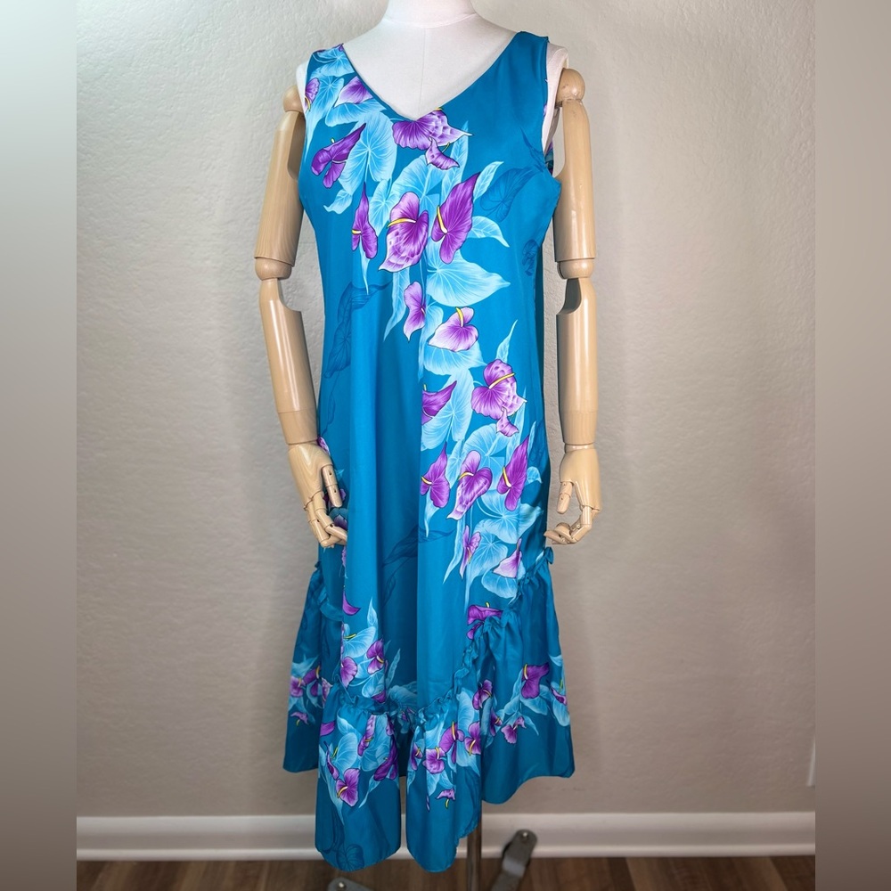Vintage Helena’s Hawaiian Floral Tropical Ruffle Muumuu MuMu Kaftan Dress MEDIUM